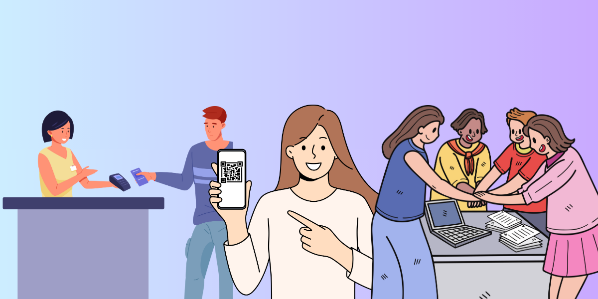 Illustration depicting various individuals in icon form conducting business happily after using a payment system.